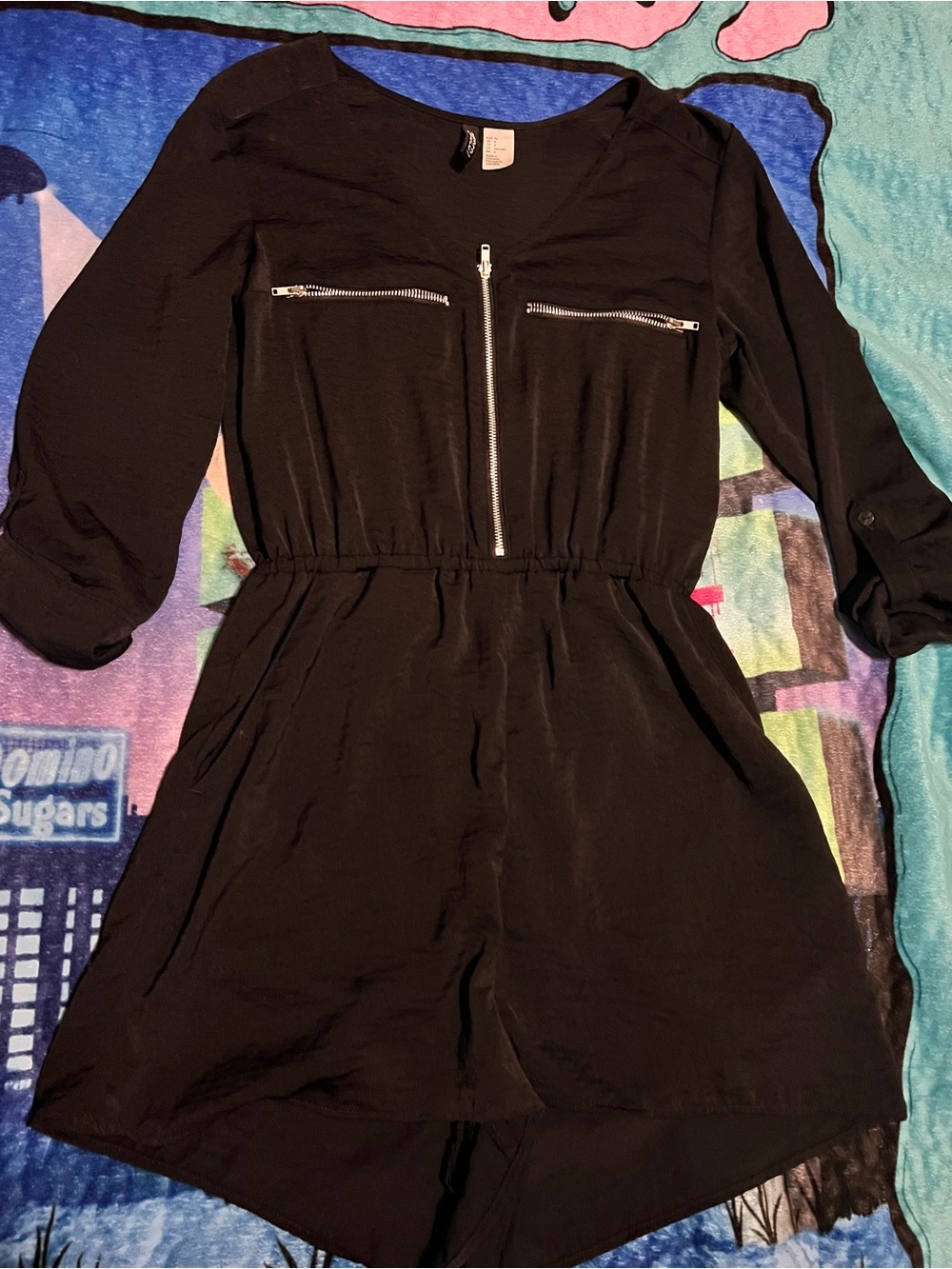 H&M Black 3/4 Sleeves Romper with Front Zippers